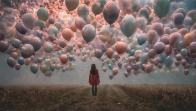 1girl, solo, long hair, brown hair, dress, standing, outdoors, sky, cloud, from behind, scenery, balloon, field, wide shot