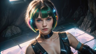 1girl,solo,breasts,looking at viewer,short hair,bangs,blue eyes,gloves,cleavage,bare shoulders,medium breasts,collarbone,upper body,multicolored hair,parted lips,green hair,choker,elbow gloves,shiny,blunt bangs,collar,lips,headphones,bob cut,freckles,science fiction,realistic,nose,black hair,detached sleeves,teeth,eyelashes