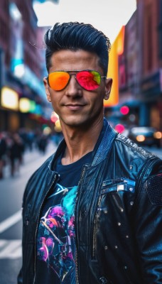 solo,looking at viewer,smile,short hair,shirt,black hair,1boy,closed mouth,jacket,upper body,male focus,outdoors,open clothes,glasses,dark skin,blurry,open jacket,lips,black jacket,black shirt,blurry background,sunglasses,dark-skinned male,blue shirt,city,realistic,leather,print shirt,tinted eyewear,leather jacket,denim jacket,aviator sunglasses,artist name,facial hair,blue jacket,motor vehicle,zipper,photo background