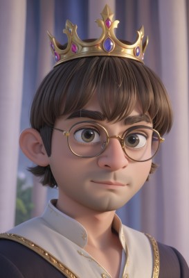 solo,looking at viewer,smile,short hair,bangs,brown hair,1boy,brown eyes,closed mouth,male focus,glasses,blurry,blurry background,facial hair,thick eyebrows,crown,curtains,portrait,round eyewear,black hair,indoors,gem,realistic