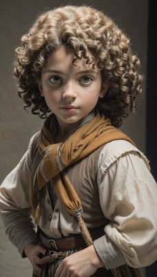 1girl,solo,looking at viewer,short hair,blonde hair,brown hair,shirt,long sleeves,brown eyes,closed mouth,white shirt,upper body,puffy sleeves,belt,scarf,lips,grey eyes,child,puffy long sleeves,curly hair,hands on hips,realistic,nose,brown belt,yellow scarf,simple background,weapon,sword,vest,messy hair,sheath,freckles,sheathed