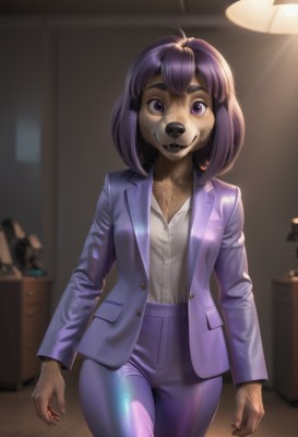 1girl,solo,breasts,looking at viewer,smile,short hair,open mouth,bangs,shirt,long sleeves,animal ears,medium breasts,standing,purple eyes,jacket,white shirt,purple hair,cowboy shot,small breasts,open clothes,teeth,collared shirt,pants,artist name,indoors,signature,medium hair,blurry,open jacket,buttons,blurry background,fangs,formal,blazer,thick eyebrows,suit,dog ears,furry,furry female,arms at sides,blue pants,shirt tucked in,lamp,office lady,purple jacket,body fur,straight-on,animal nose,brown fur,purple pants,buck teeth,collarbone,shiny,dress shirt,blue jacket,dog girl,horror (theme),two-tone fur