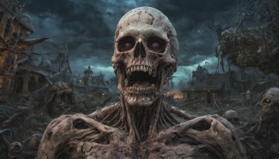 open mouth,red eyes,outdoors,sky,teeth,cloud,no humans,night,glowing,cloudy sky,fire,building,scenery,smoke,skull,monster,city,ruins,skeleton,bone,horror (theme),undead,night sky,glowing eyes,fantasy,dark