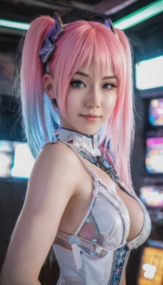 1girl,solo,long hair,breasts,looking at viewer,smile,bangs,blue eyes,hair ornament,cleavage,bare shoulders,twintails,medium breasts,closed mouth,blue hair,upper body,pink hair,multicolored hair,necktie,sleeveless,blurry,two-tone hair,lips,makeup,blurry background,between breasts,realistic,nose,jewelry,underwear,earrings,bra,from side,gradient hair