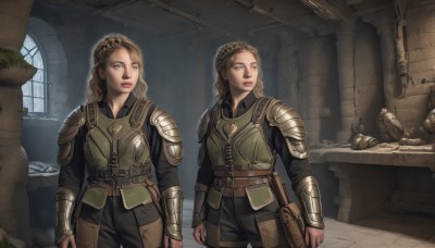 long hair,blue eyes,multiple girls,blonde hair,brown hair,shirt,long sleeves,2girls,brown eyes,closed mouth,standing,weapon,braid,cowboy shot,shorts,belt,pants,sword,indoors,armor,lips,looking to the side,black shirt,window,bird,black shorts,black pants,helmet,shoulder armor,pauldrons,pouch,breastplate,arms at sides,vambraces,bracer,multiple others,pillar,statue,arch,1girl