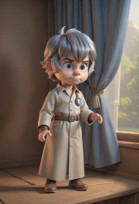 solo,looking at viewer,short hair,blue eyes,long sleeves,1boy,brown eyes,jewelry,closed mouth,standing,full body,grey hair,male focus,boots,belt,artist name,indoors,tree,coat,window,buttons,frown,brown footwear,curtains,child,pendant,brown belt,male child,watermark