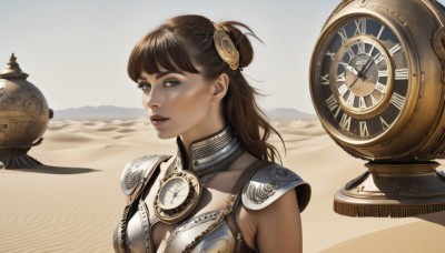 1girl,solo,long hair,breasts,looking at viewer,bangs,brown hair,hair ornament,cleavage,brown eyes,medium breasts,upper body,outdoors,sky,day,hair bun,armor,lips,single hair bun,shoulder armor,science fiction,realistic,sand,clock,desert,gorget,parted lips,pauldrons,nose,roman numeral