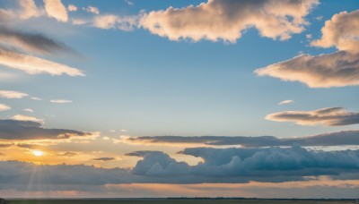 outdoors,sky,day,cloud,signature,water,blue sky,no humans,ocean,sunlight,cloudy sky,nature,scenery,sunset,mountain,sun,horizon,landscape,mountainous horizon,gradient sky,sunrise,grass