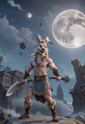 solo,smile,open mouth,blue eyes,blonde hair,1boy,navel,holding,animal ears,jewelry,nipples,standing,tail,full body,weapon,male focus,boots,outdoors,sky,teeth,artist name,cloud,necklace,holding weapon,rabbit ears,muscular,night,fangs,watermark,brown footwear,abs,moon,pectorals,muscular male,building,star (sky),night sky,bara,pelvic curtain,furry,full moon,starry sky,dual wielding,topless male,furry male,axe,body fur,white fur,loincloth,holding axe,belt,sword,mask,holding sword,leather boots