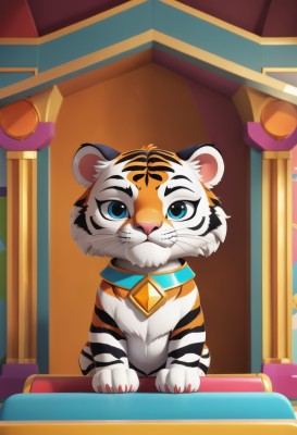 solo,looking at viewer,blue eyes,closed mouth,full body,indoors,collar,no humans,bell,animal,cat,animal focus,white fur,straight-on,whiskers,tiger,year of the tiger,jewelry,artist name,watermark,gem,web address,white tiger