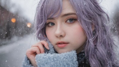 1girl,solo,long hair,looking at viewer,bangs,blue eyes,jewelry,purple hair,earrings,outdoors,parted lips,hand up,blurry,lips,grey eyes,eyelashes,blurry background,portrait,snow,close-up,snowing,realistic,nose,winter,black eyes,fingernails,depth of field,rain,hydrangea