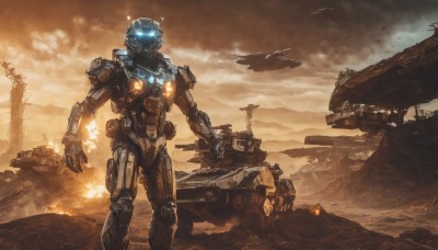 1boy,weapon,sky,cloud,armor,gun,military,no humans,glowing,helmet,fire,robot,ground vehicle,mecha,glowing eyes,motor vehicle,smoke,science fiction,realistic,aircraft,military vehicle,airplane,ruins,tank,damaged,power armor,spacecraft,dust,missile,helicopter,solo,standing,outdoors,cloudy sky,jet,fighter jet