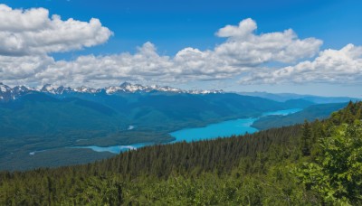 outdoors,sky,day,cloud,water,tree,blue sky,no humans,cloudy sky,grass,nature,scenery,forest,reflection,mountain,landscape,mountainous horizon,lake,hill,ocean,horizon