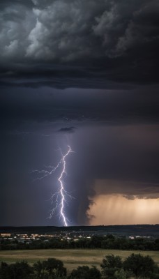 1girl,solo,outdoors,sky,cloud,tree,no humans,night,cloudy sky,grass,nature,scenery,forest,mountain,electricity,dark,lightning,landscape,water,ocean,building,city,horizon,cityscape,river,city lights,hill