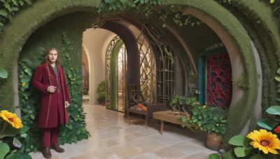 solo,long hair,looking at viewer,brown hair,long sleeves,1boy,brown eyes,standing,braid,flower,male focus,pants,indoors,coat,book,window,facial hair,chair,brown footwear,table,plant,scenery,beard,robe,yellow flower,door,potted plant,vines,red coat,vase,cup,fantasy,sunflower,bookshelf