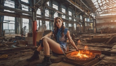 1girl,solo,long hair,looking at viewer,smile,brown hair,dress,brown eyes,sitting,closed mouth,weapon,boots,sleeveless,indoors,black footwear,lips,bare legs,window,wavy hair,fire,box,cross-laced footwear,science fiction,realistic,ankle boots,ruins,hand on own knee,dirty,industrial pipe,crate,blue eyes,gloves,jewelry,black gloves,gun,blue dress,scenery,curly hair