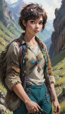 1girl,solo,breasts,looking at viewer,blush,short hair,bangs,brown hair,shirt,black hair,hair ornament,holding,brown eyes,jewelry,standing,collarbone,jacket,white shirt,cowboy shot,earrings,outdoors,parted lips,open clothes,sky,day,pants,cloud,necklace,blue sky,lips,fur trim,makeup,swept bangs,grass,feathers,denim,lipstick,freckles,jeans,rock,mountain,nose,blue pants,red lips,mountainous horizon,weapon,hairband,small breasts,teeth,hairclip,belt,artist name,nail polish,vest,fingernails,knife,nature,zipper,stud earrings,cliff