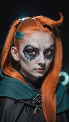 1girl,solo,long hair,looking at viewer,simple background,twintails,closed mouth,upper body,artist name,hood,orange hair,lips,orange eyes,makeup,facial mark,black background,portrait,cloak,freckles,nose,hair pulled back,hair ornament,brown eyes,ponytail,eyelashes,forehead,realistic,facepaint,dark background