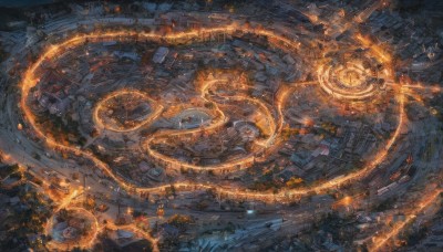 outdoors,no humans,from above,building,scenery,science fiction,city,cityscape,gears,city lights,tree,ground vehicle,motor vehicle,fantasy,car,road,street