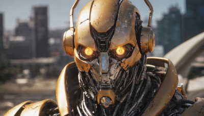 solo,looking at viewer,yellow eyes,upper body,outdoors,blurry,orange eyes,no humans,blurry background,glowing,robot,building,portrait,mecha,glowing eyes,1other,science fiction,city,realistic,cable,straight-on,humanoid robot,signature,depth of field,close-up,cityscape,radio antenna