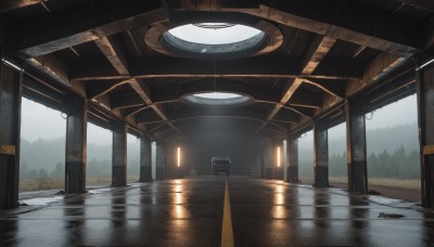 outdoors,sky,day,cloud,indoors,water,tree,no humans,window,sunlight,building,nature,scenery,forest,reflection,science fiction,rain,pillar,puddle,ground vehicle,sign,train station