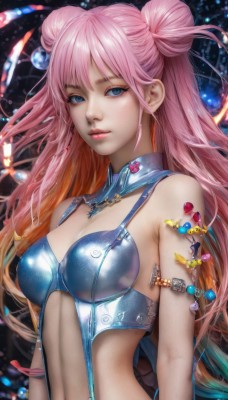 1girl,solo,long hair,breasts,looking at viewer,bangs,blue eyes,hair ornament,navel,cleavage,bare shoulders,jewelry,medium breasts,upper body,pink hair,multicolored hair,parted lips,shiny,hair bun,lips,double bun,tattoo,gradient hair,makeup,armlet,realistic,closed mouth,earrings,midriff,orange hair,eyelashes,detached collar,gem,nose