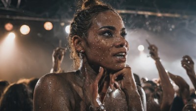 1girl,smile,black hair,jewelry,upper body,nude,sweat,earrings,parted lips,teeth,solo focus,dark skin,necklace,blurry,bracelet,dark-skinned female,lips,wet,blurry background,index finger raised,freckles,realistic,nose,wet hair,crowd,very dark skin,concert,solo,holding,brown eyes,fingernails,depth of field,ring,watch