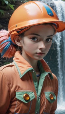 1girl,solo,looking at viewer,brown hair,shirt,ribbon,closed mouth,jacket,hair ribbon,upper body,ponytail,outdoors,day,artist name,water,blurry,black eyes,lips,wet,buttons,blurry background,leaf,helmet,blue ribbon,freckles,pocket,water drop,realistic,nose,breast pocket,badge,waterfall,orange jacket,short hair,black hair,grey eyes,eyelashes,brown jacket,jumpsuit