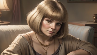 1girl,solo,breasts,looking at viewer,short hair,bangs,blonde hair,brown hair,long sleeves,brown eyes,jewelry,sitting,closed mouth,collarbone,upper body,parted lips,indoors,blunt bangs,necklace,lips,head tilt,bob cut,couch,realistic,nose,lamp,blush,cleavage,bra,freckles