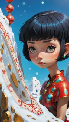 1girl,solo,looking at viewer,blush,short hair,bangs,black hair,dress,brown eyes,jewelry,green eyes,yellow eyes,upper body,short sleeves,earrings,outdoors,parted lips,sky,day,blunt bangs,necklace,from side,blue sky,lips,eyelashes,makeup,red dress,bob cut,building,gem,snow,freckles,snowing,nose,red lips,breasts,closed mouth,shiny,expressionless,child