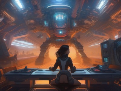 1girl,solo,long hair,black hair,sitting,ass,indoors,from behind,bodysuit,no panties,robot,mecha,science fiction,pilot suit,spacecraft,cyberpunk,cockpit,holographic interface,gloves,jacket,shorts,hood,medium hair,hood down,scenery,realistic,monitor,spacesuit,hologram