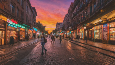 multiple girls, outdoors, multiple boys, sky, cloud, tree, building, scenery, walking, 6+boys, sunset, city, sign, road, lamppost, street, twilight, shop, people, pavement, crosswalk, real world location, vanishing point, sidewalk