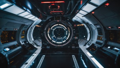 no humans,robot,machinery,science fiction,realistic,cable,space,spacecraft,lights,cockpit,window,scenery,floating,planet,holographic interface,hologram