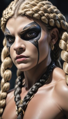 1girl,solo,long hair,breasts,looking at viewer,blue eyes,blonde hair,black hair,brown eyes,jewelry,collarbone,upper body,braid,multicolored hair,earrings,teeth,necklace,twin braids,two-tone hair,lips,portrait,realistic,nose,facepaint,multiple braids,nude,eyelashes,mask,thick eyebrows