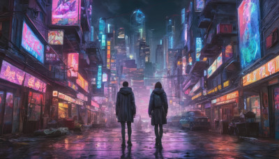 1girl, short hair, black hair, 1boy, standing, outdoors, sky, bag, from behind, night, ground vehicle, building, scenery, motor vehicle, science fiction, rain, city, sign, car, road, cityscape, dark, street, city lights, cyberpunk, neon lights, vanishing point