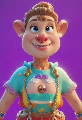 1girl,solo,breasts,looking at viewer,smile,short hair,open mouth,blue eyes,blonde hair,simple background,brown hair,shirt,animal ears,jewelry,upper body,short sleeves,teeth,belt,hair bun,flat chest,bracelet,suspenders,blue shirt,furry,freckles,purple background,furry female,overalls,buck teeth,grin,lips,see-through,clothing cutout,fangs,cleavage cutout,thick eyebrows,gem,multicolored clothes