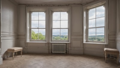 outdoors,sky,day,cloud,indoors,tree,blue sky,no humans,window,chair,table,cloudy sky,plant,curtains,scenery,couch,wooden floor,door,desk,wall,wooden chair