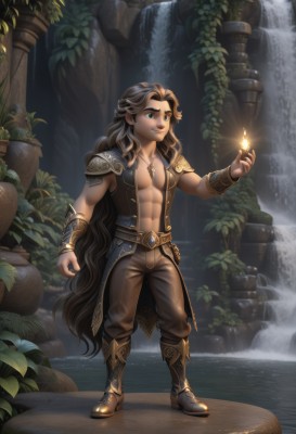 1girl,solo,long hair,breasts,smile,blue eyes,brown hair,1boy,navel,jewelry,very long hair,standing,full body,male focus,boots,open clothes,belt,pants,artist name,water,necklace,armor,muscular,leaf,watermark,wavy hair,looking away,abs,knee boots,fire,pectorals,plant,shoulder armor,toned,pauldrons,fantasy,magic,candle,bracer,brown pants,waterfall,web address