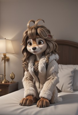 1girl,solo,long hair,breasts,looking at viewer,smile,bangs,brown hair,long sleeves,animal ears,brown eyes,sitting,closed mouth,ahoge,small breasts,artist name,indoors,pillow,fur trim,bed,bed sheet,on bed,happy,thick eyebrows,messy hair,claws,furry,animal hands,furry female,lamp,body fur,white fur,fur,animal nose,brown fur,two-tone fur,desk lamp,collarbone,tail,braid,twin braids,flat chest,all fours,dog ears,freckles