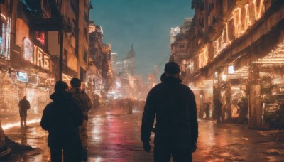 standing,jacket,male focus,outdoors,multiple boys,sky,from behind,night,ground vehicle,building,star (sky),night sky,scenery,motor vehicle,starry sky,reflection,walking,science fiction,6+boys,city,road,cityscape,power lines,street,crowd,city lights,cyberpunk,people,sign,clock,silhouette,dark,lamppost,tower,neon lights,real world location,vanishing point