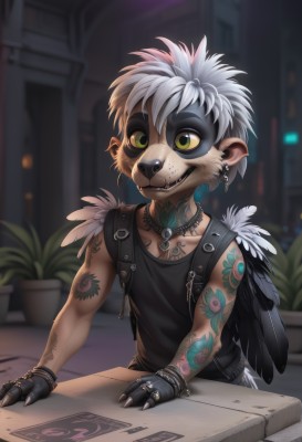 solo,smile,gloves,1boy,animal ears,jewelry,green eyes,yellow eyes,white hair,male focus,earrings,wings,fingerless gloves,necklace,blurry,bracelet,tattoo,blurry background,piercing,ring,tank top,feathers,plant,ear piercing,furry,colored sclera,potted plant,furry male,arm tattoo,lip piercing,short hair,collarbone,upper body,grey hair,multicolored hair,outdoors,teeth,black gloves,artist name,bag,vest,watermark,backpack,web address,claws,extra ears,zipper,freckles