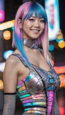 1girl,solo,long hair,breasts,looking at viewer,smile,bangs,gloves,cleavage,bare shoulders,brown eyes,jewelry,medium breasts,blue hair,upper body,pink hair,multicolored hair,earrings,teeth,choker,elbow gloves,medium hair,grin,blurry,two-tone hair,gradient hair,depth of field,blurry background,piercing,sharp teeth,realistic,bokeh,dress,collarbone,lips,fangs,fishnets