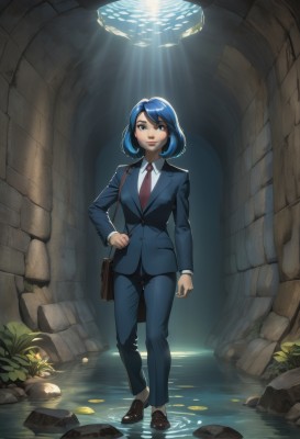 1girl,solo,breasts,looking at viewer,smile,short hair,bangs,blue eyes,shirt,long sleeves,closed mouth,blue hair,standing,jacket,full body,white shirt,necktie,shoes,collared shirt,pants,artist name,water,bag,lips,hand on hip,makeup,swept bangs,brown footwear,formal,sunlight,suit,plant,lipstick,red necktie,wading,fish,walking,light rays,rock,handbag,blue pants,sunbeam,business suit,pant suit,medium hair,black footwear