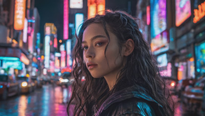 1girl, solo, long hair, looking at viewer, blue eyes, black hair, jewelry, earrings, outdoors, dark skin, hood, blurry, dark-skinned female, lips, night, depth of field, blurry background, ground vehicle, motor vehicle, city, realistic, nose, city lights, neon lights