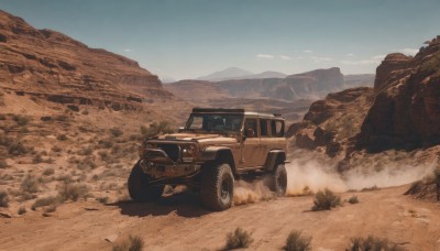 outdoors,sky,day,cloud,blue sky,no humans,ground vehicle,scenery,motor vehicle,smoke,mountain,sand,car,road,vehicle focus,desert,dust,truck,grass,rock,landscape,mountainous horizon,driving