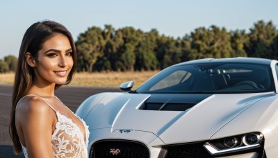 1girl,solo,long hair,breasts,looking at viewer,smile,brown hair,black hair,dress,brown eyes,upper body,outdoors,day,dark skin,blurry,from side,dark-skinned female,tree,lips,blurry background,ground vehicle,motor vehicle,realistic,car,vehicle focus,photo background,sports car,cleavage,medium breasts,teeth,grin,hair behind ear