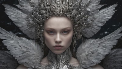 1girl,solo,long hair,looking at viewer,blue eyes,brown hair,hair ornament,closed mouth,collarbone,wings,lips,eyelashes,expressionless,feathers,crown,black background,portrait,feathered wings,realistic,headdress,straight-on,upper body