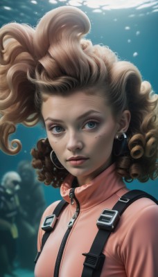 1girl,solo,long hair,breasts,looking at viewer,blue eyes,blonde hair,brown hair,jewelry,upper body,earrings,solo focus,dark skin,mole,blurry,dark-skinned female,lips,bodysuit,makeup,zipper,freckles,bubble,curly hair,underwater,realistic,nose,air bubble,afro,closed mouth,jacket,artist name,eyelashes,mole under eye,watermark,hoop earrings,facepaint