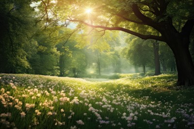 flower,outdoors,sky,day,tree,no humans,sunlight,grass,nature,scenery,pink flower,lens flare,forest,light rays,field,sunbeam,flower field,path,blurry,plant,white flower,bush,landscape