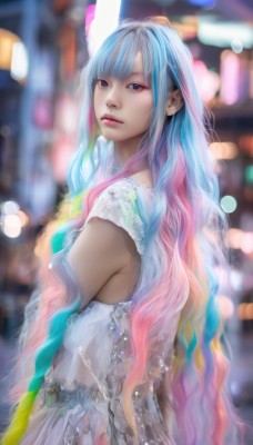 1girl,solo,long hair,breasts,looking at viewer,bangs,blue eyes,dress,bare shoulders,very long hair,blue hair,upper body,pink hair,multicolored hair,parted lips,white dress,blurry,two-tone hair,lips,see-through,gradient hair,makeup,depth of field,blurry background,wavy hair,lipstick,eyeshadow,realistic,nose,closed mouth,artist name,blunt bangs,watermark,bokeh